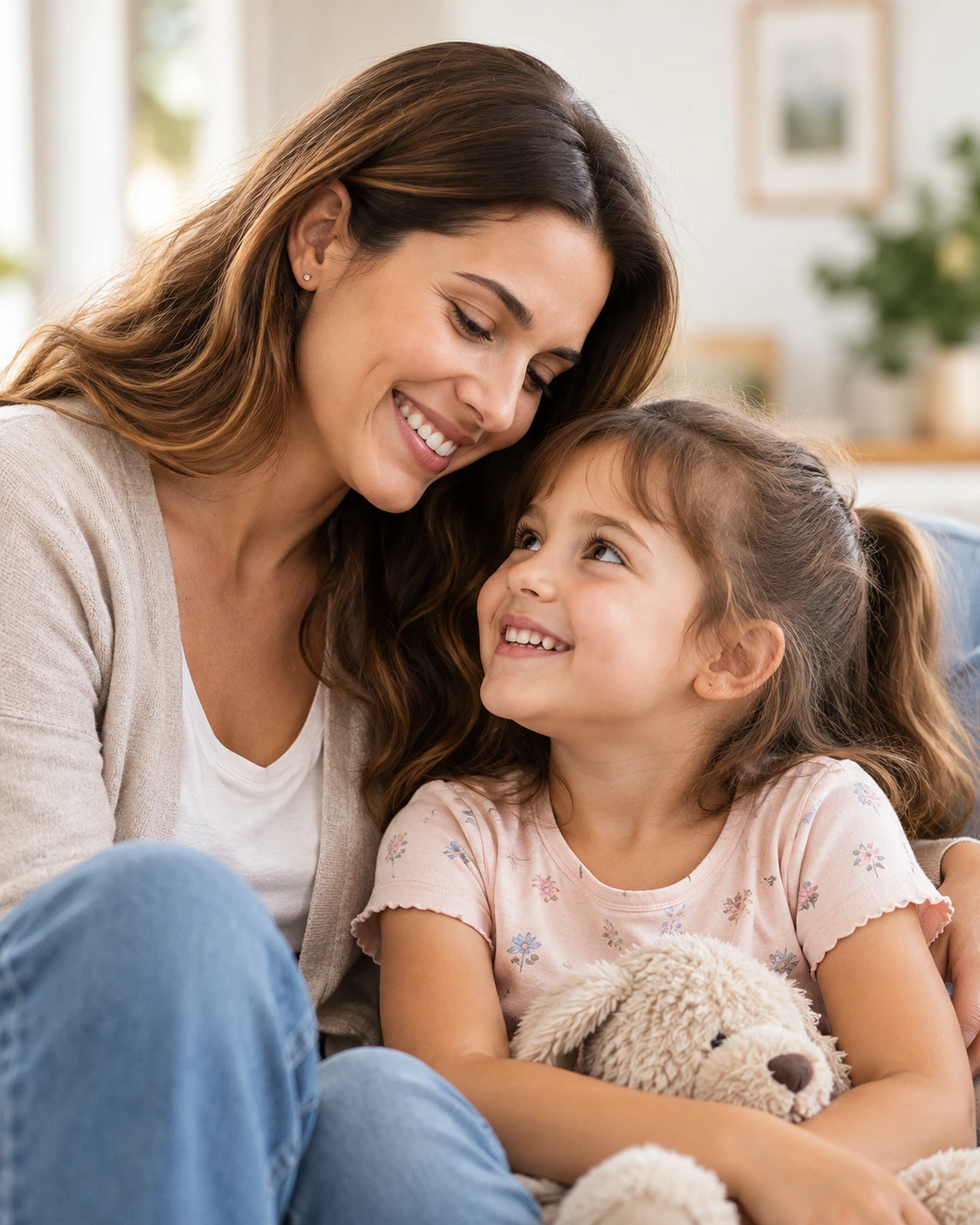 Madre e hija sonriendo en casa