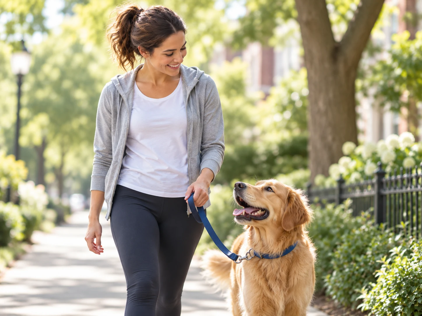 Paseadora paseando a un perro en un entorno agradable